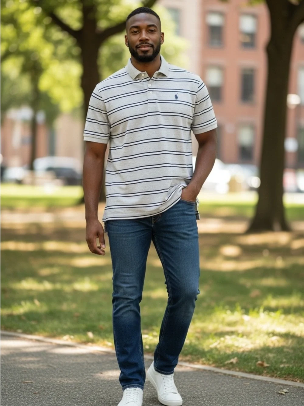 Men's Striped Polo Shirt - Cream/Navy